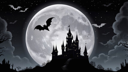 Black silhouette of gothic castle horizontal banner for Halloween. Old abandoned mansion at night against the backdrop of moonlight and bats