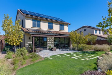 Fototapeta premium Modern Solar Panels Installed on a San Jose California Home Under Clear Blue Sunny Sky, Solar Photography, Solar Powered Clean Energy, Sustainable Resources, Electricity Source