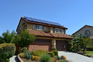 Fototapeta premium Modern Solar Panels Installed on a San Jose California Home Under Clear Blue Sunny Sky, Solar Photography, Solar Powered Clean Energy, Sustainable Resources, Electricity Source