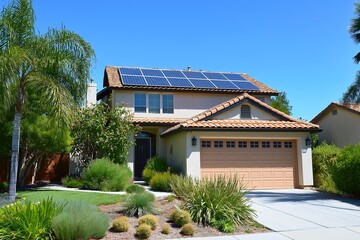 Fototapeta premium Modern Solar Panels Installed on a San Jose California Home Under Clear Blue Sunny Sky, Solar Photography, Solar Powered Clean Energy, Sustainable Resources, Electricity Source