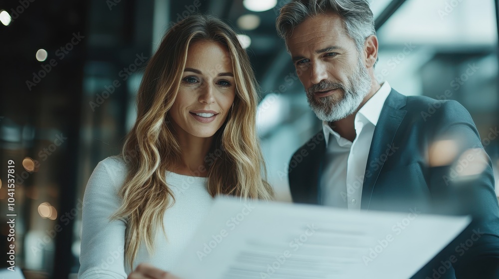 Wall mural a man and a woman are reviewing a document together in a modern office space, showcasing professiona