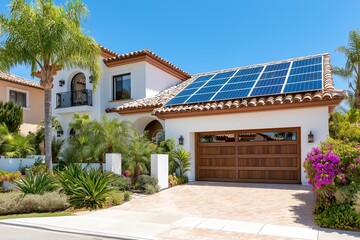 Fototapeta premium Modern Solar Panels Installed on a Santa Monica California Home Under Clear Blue Sunny Sky, Solar Photography, Solar Powered Clean Energy, Sustainable Resources, Electricity Source