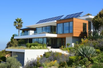 Fototapeta premium Modern Solar Panels Installed on a Santa Monica California Home Under Clear Blue Sunny Sky, Solar Photography, Solar Powered Clean Energy, Sustainable Resources, Electricity Source