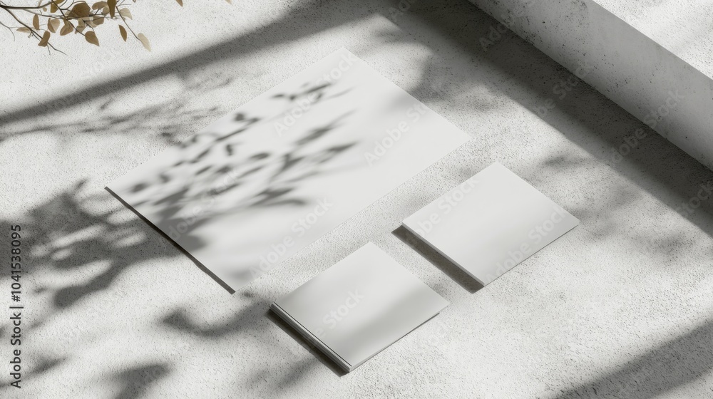 Aufkleber empty vertical a4 poster and three horizontal business card mockups with soft shadows on a light gre