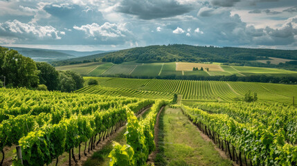 Lush vineyard landscape under a dramatic sky with rolling hills and expansive fields in mid-afternoon light