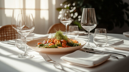 Fototapeta premium Elegant table setting with a fresh vegetable salad served in a bright, airy restaurant.