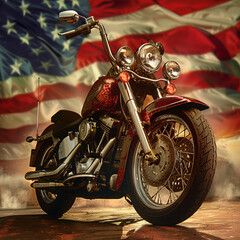 motorcycle with American flag in the background