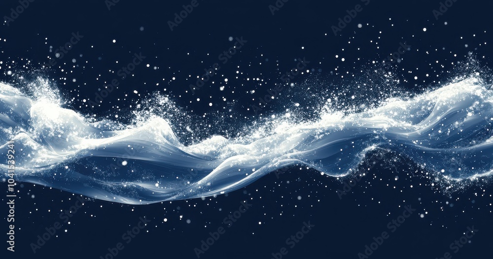 Poster dynamic wave of white line art with sparkling snow in dark abstract background