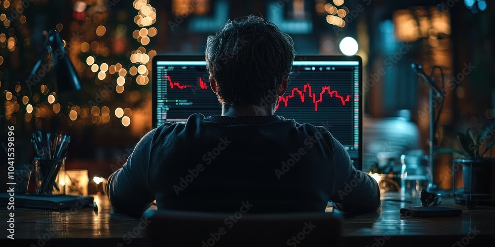 Poster A Man Sitting in Front of a Computer Screen with a Red Line Graph Displayed