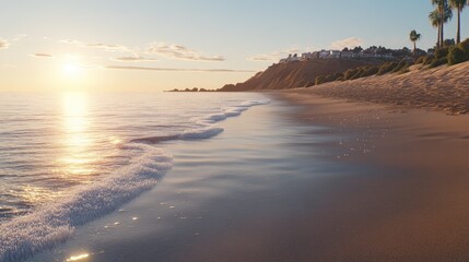 The sun sets over Mykonos beach, casting vibrant colors and soft waves against a serene shoreline, creating a tranquil atmosphere