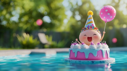 Cute Three Dos with Birthday Caps and Cake Near the Summer Party