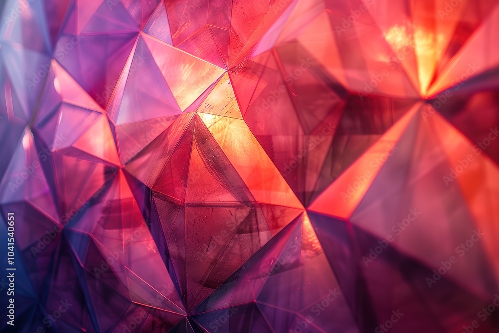 Poster radiant neon triangles in shades of red and purple-pink intersect and overlap, generating a dynamic 