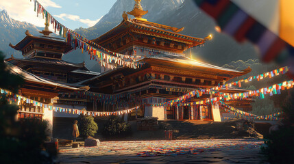 Obraz premium A peaceful Buddhist temple in the mountains of Bhutan, surrounded by colorful prayer flags.