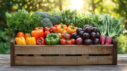 Fresh Organic Vegetables in Wooden Crate on Rustic Table Outdoors.