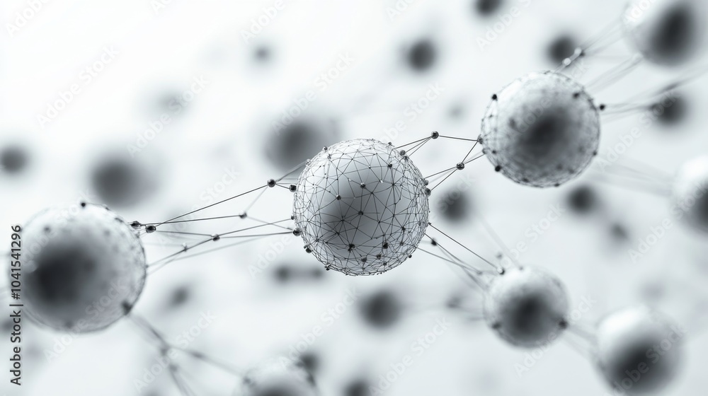 Poster An abstract visualization shows interconnected particles resembling atoms or molecules suspended in a light gray background, illustrating connections in scientific concepts.