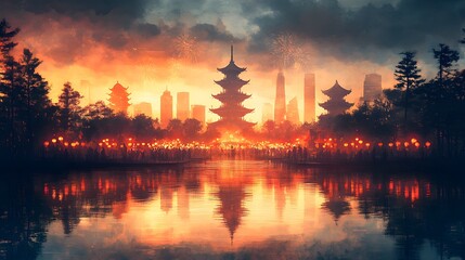 Watercolor painting of a colorful Chinese New Year celebration with glowing red lanterns, dragon dancers, and fireworks illuminating the sky