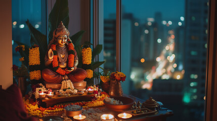 A traditional puja altar set up in the corner of a contemporary apartment, decorated with a statue of Lakshmi and adorned with flowers, diyas, and offerings