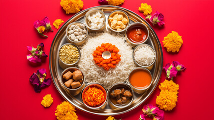 A top-down view of a beautifully decorated puja thali (worship plate) with flowers, small diya, rice, kumkum (vermilion), and sweets neatly arranged. 