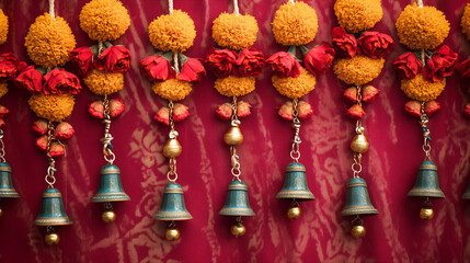 Flat lay of traditional Diwali door hangings (torans), featuring beads, bells, and marigold flowers. The torans are arranged in a linear pattern along the top or center of the image. 