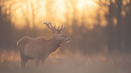 Fototapeta premium Male deer in the woods ad sunset in autumn season