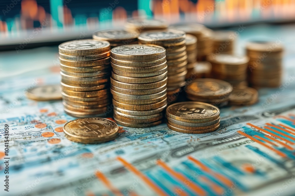 Poster stacks of golden bitcoin coins on a chart background