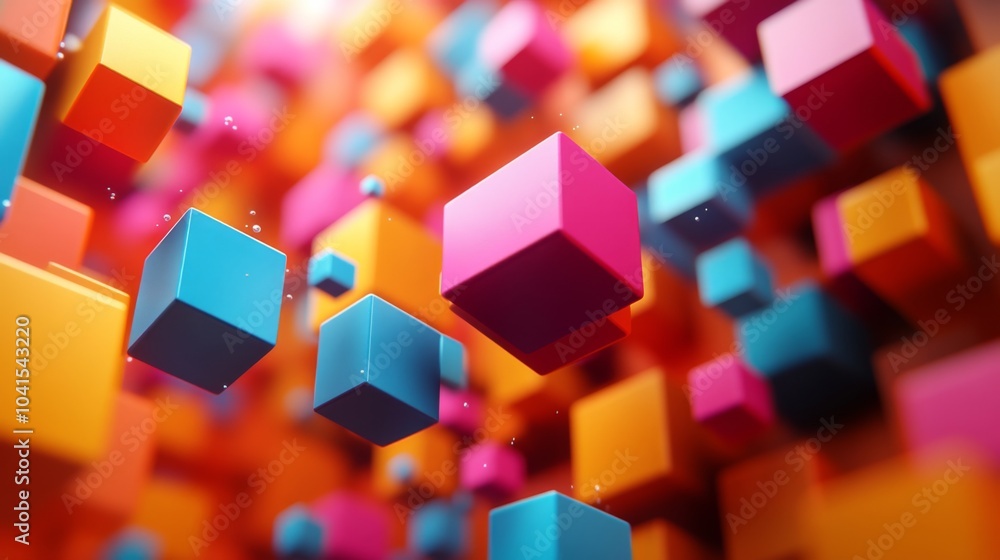 Leinwandbilder a dynamic arrangement of brightly colored cubes in shades of pink, blue, and orange fills the digita