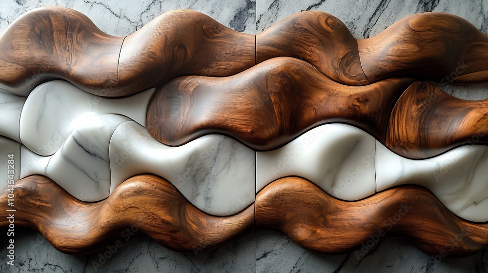 Poster contemporary wall scene highlighting interlocking wooden and marble tiles creating a visually intrig