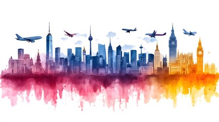 Watercolor world map with famous landmarks, tropical beaches, and airplanes flying to new adventures, representing global travel