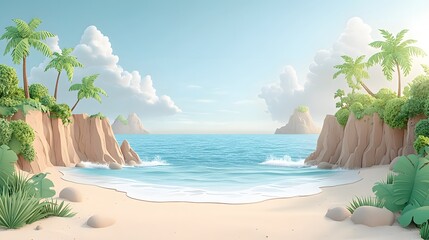 Obraz premium Papercut beach scene with palm trees, a clear ocean, and an airplane in the distance, evoking the feeling of a dream vacation