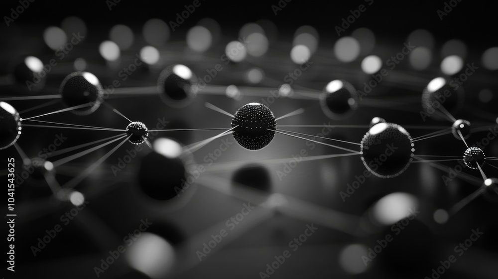 Fototapete This artwork features numerous interconnected spheres against a dark backdrop, representing complex networks often found in scientific and technological contexts.