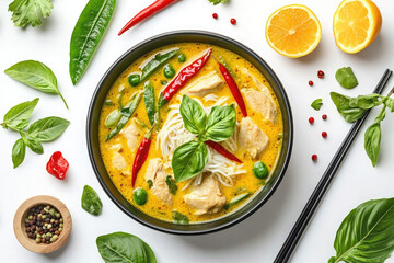 chicken curry top view on white background isolated