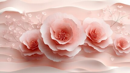 Papercut background with layered abstract shapes and flower patterns, creating a sense of depth and harmony in soft tones