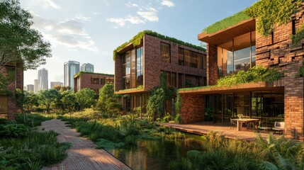 Fototapeta premium This is a low-energy brick office complex with solar windows and green walls. A sustainable design offering a perfect view of the skyline and nearby park.