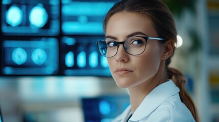 Fototapeta premium Portrait of a female physician positioned in front of a computer display
