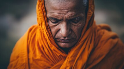 Calm Buddhist monk wearing an orange robe