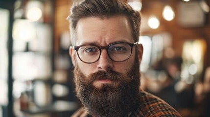 Fototapeta premium Man with a Full Beard and Glasses in a Cozy Barber Shop Men s Haircuts and Styles