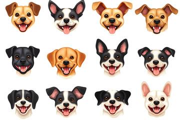 Fototapeta premium Collection of cartoon style dog faces isolated on white background
