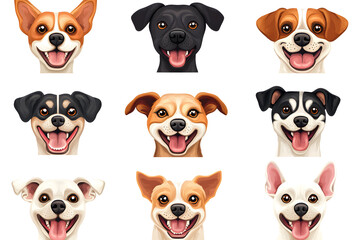 Obraz premium Collection of cartoon style dog faces isolated on white background