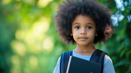 Close up of an afro haired child holding a book gazing seriously at the camera This portrait features an African American student with a black backpack enjoying their time outdoors