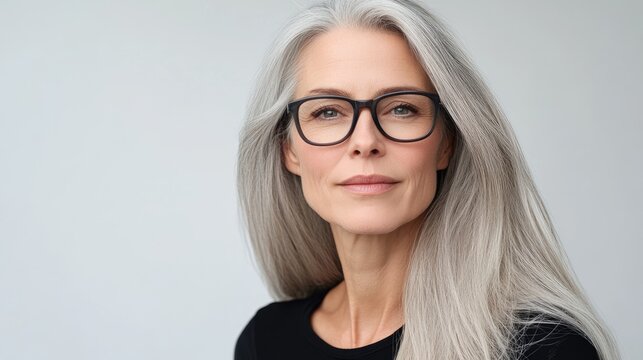 Portrait of an elegant mature Caucasian woman with long straight grey hair and glasses set against a clean white background in a square format