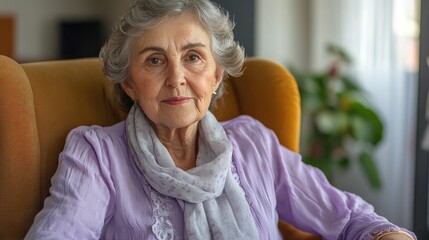 Senior woman with a thoughtful demeanor seated in an armchair adorned in a lavender blouse and scarf indoors