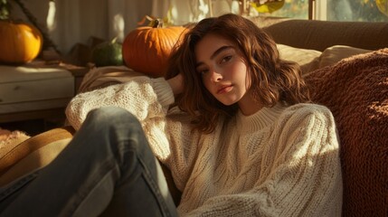 Obraz premium Effortless Autumn Style Featuring Comfortable Textured Knitwear in a Cozy Setting