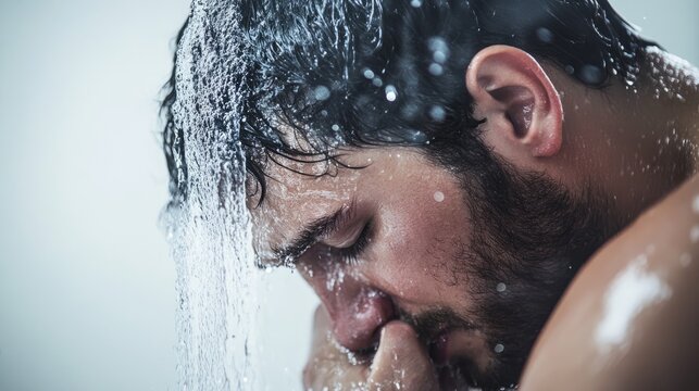 Man in shower with cold water shivering and embracing himself Represents themes of conservation and energy challenges