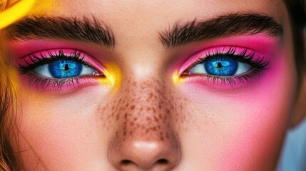 Obraz premium Vibrant Close up Portrait of a Young Fashion Model Showcasing Striking Blue Eyes and Artistic Makeup in Shades of Pink and Yellow
