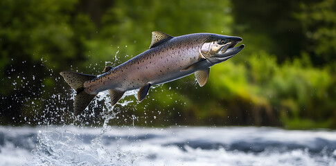 Fototapeta premium Wild chinook salmon fish jumping out of river water 