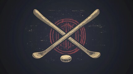 Retro ice hockey club logo with crossed sticks and puck in a vintage style. Dark background highlights the classic design, creating a timeless sports emblem.