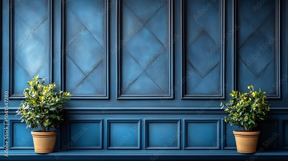 Poster cool slate blue panelled wall background with faint geometric patterns creating a calm and modern at