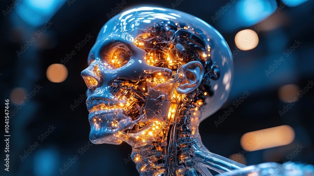 Poster Glowing Transparent Robot Head With Internal Mechanisms Visible