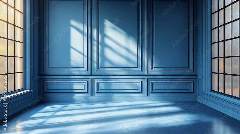 Poster cool slate blue panelled wall background with faint geometric patterns creating a calm and modern at