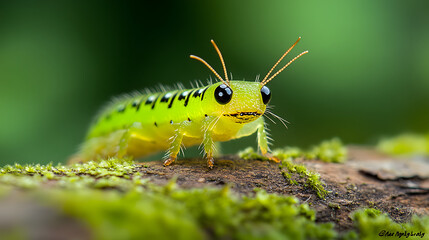 A Charming Inchworm's Journey Along a Mossy Branch Enveloped by Nature's Rich Colors and Forest Sounds
